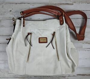 CYNTHIA ROWLEY XL Ivory/Brown Pebbled Leather Convertible Satchel/Shoulder Bag